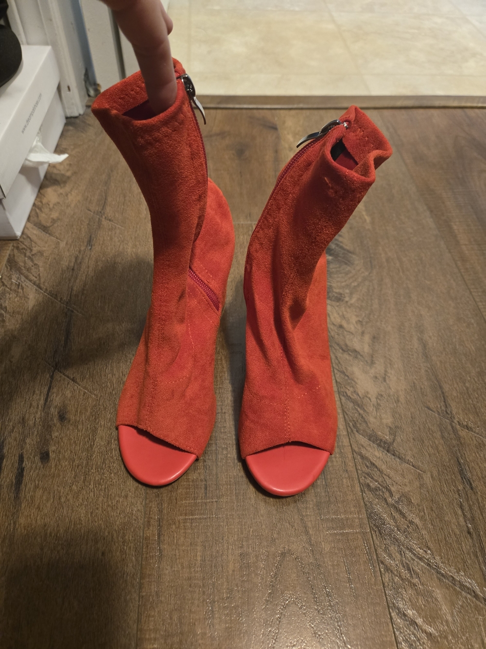 SHEIN Red Suede Open-Toe Sock Heeled Boots